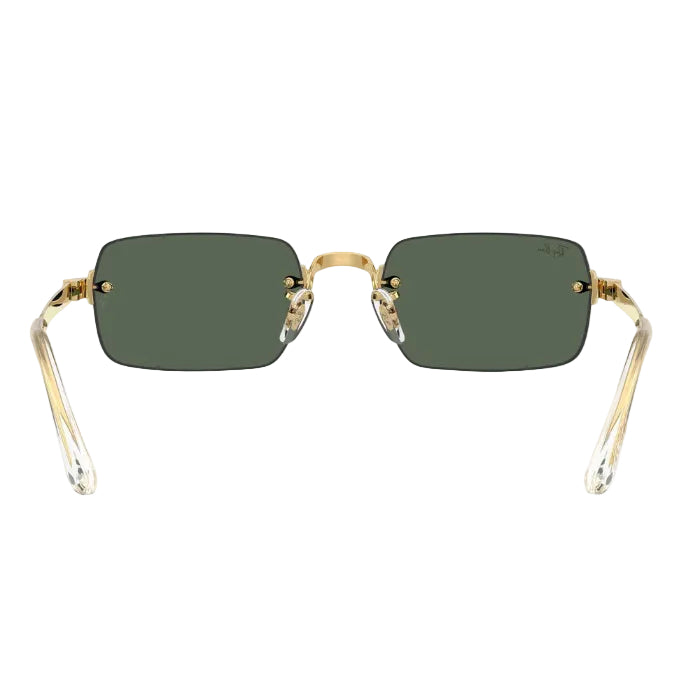 Gold-framed sunglasses with green lenses on a white background