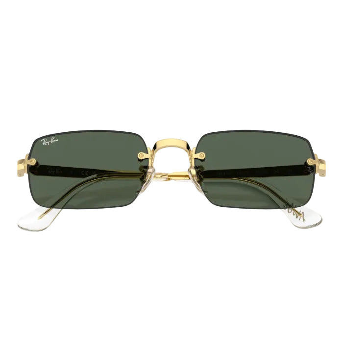 Ray-Ban rimless sunglasses with dark green lenses and gold metal frames, displayed on a clean white background with a soft reflection.
