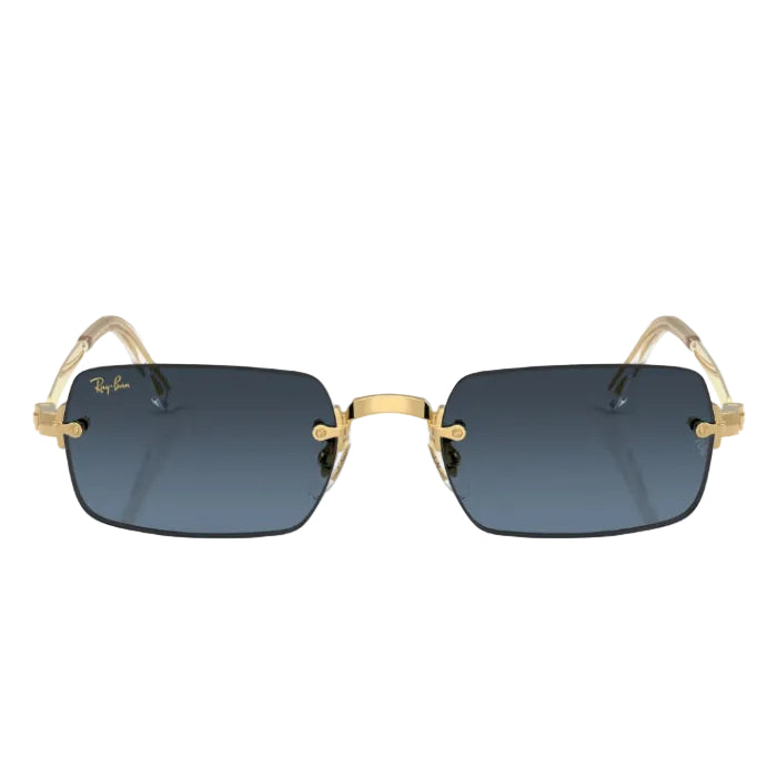 Ray-Ban square rimless sunglasses with gold metal frames and dark gray gradient lenses, shown on a white background with a soft reflection.