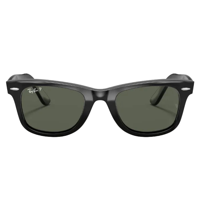 Black Ray-Ban Wayfarer-style sunglasses with dark green lenses, shown from the front on a white background with a soft shadow.