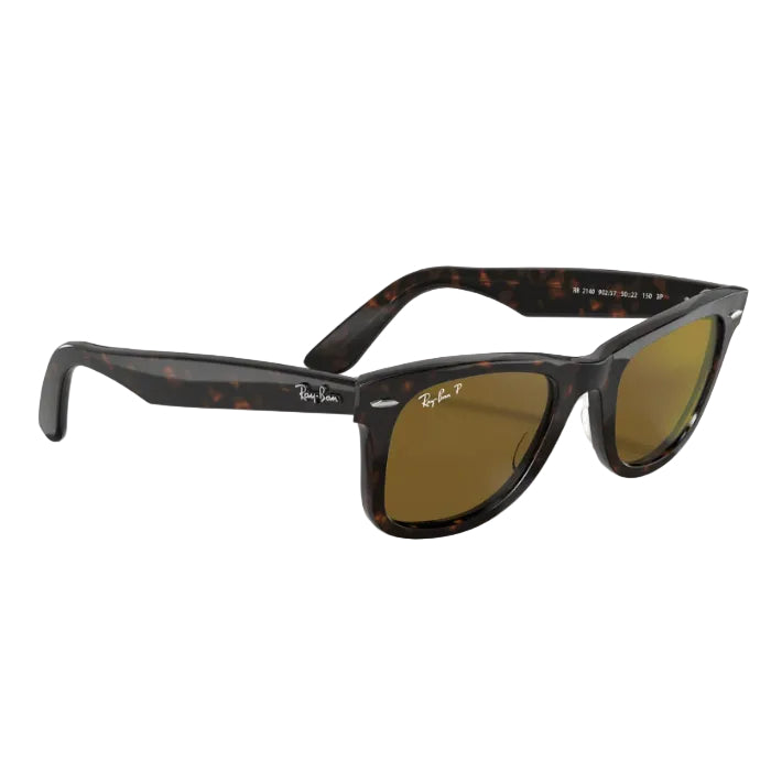 Ray-Ban sunglasses with tortoiseshell frame and gold lenses on a white background