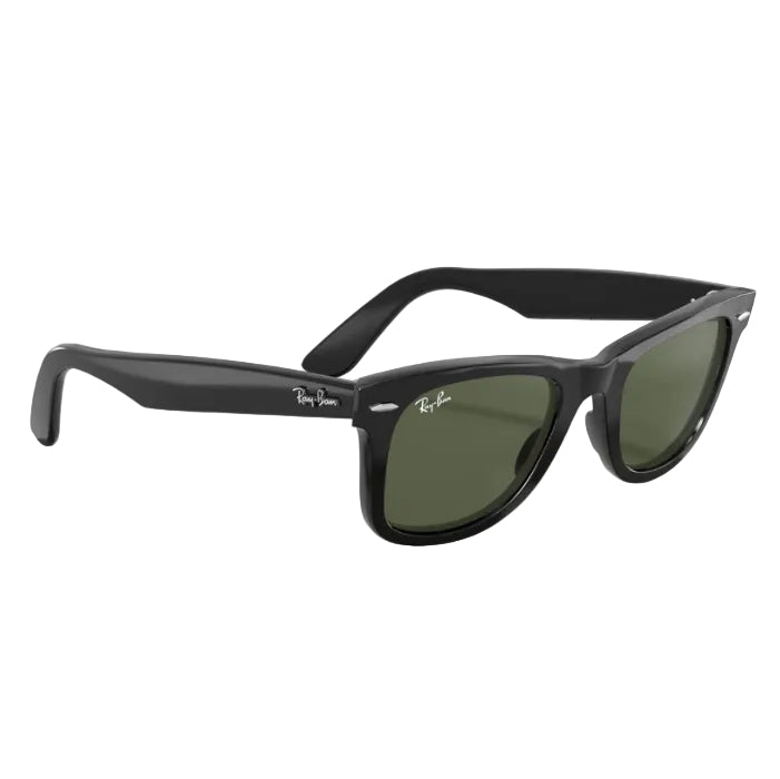 Black sunglasses with green lenses on a white background