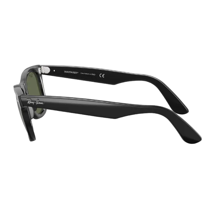 Black sunglasses with 'Ray-Ban' branding on a white background