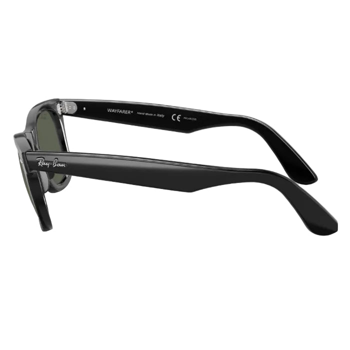 Black sunglasses with 'Ray-Ban' branding on a white background