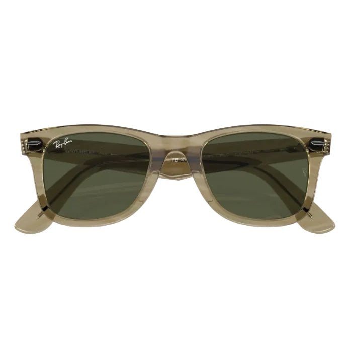 Ray-Ban sunglasses with a brown frame and dark lenses on a white background