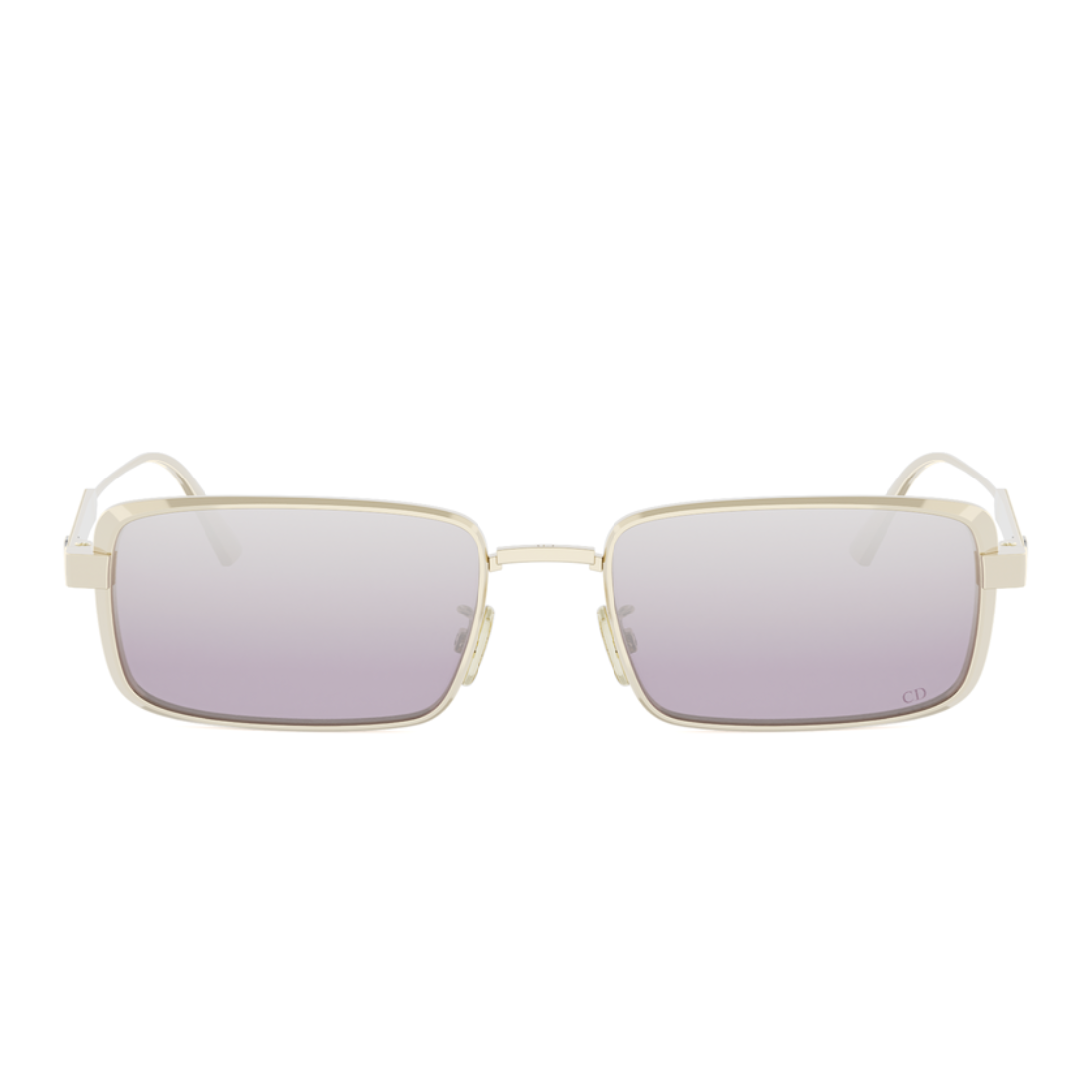 A pair of square-frame sunglasses with a thin gold metal frame and light purple gradient lenses, shown against a plain white background.