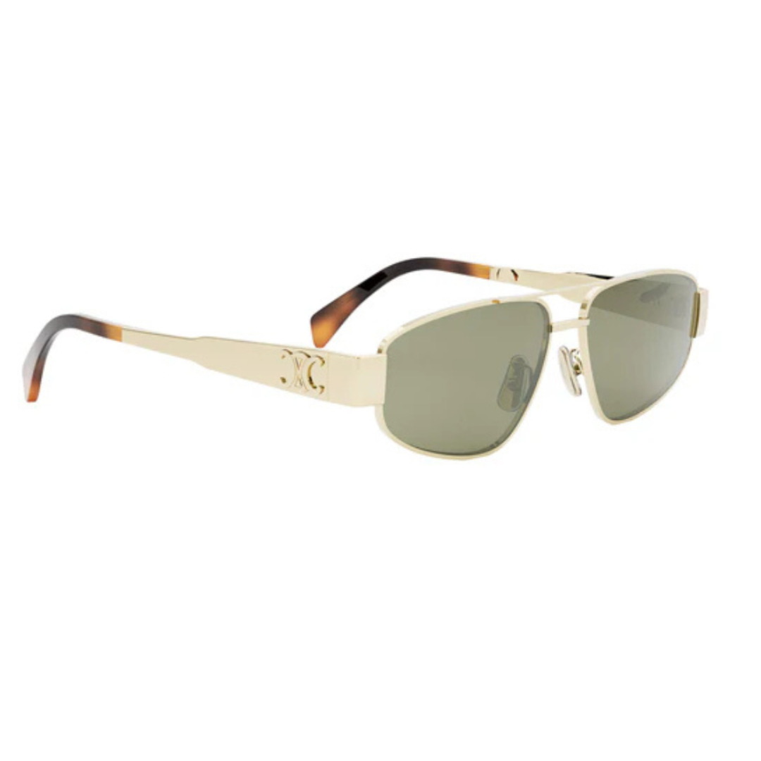 CELINE CL40281U 30N Triomphe Aviator Sunglasses Gold Metal Frame Green Lenses