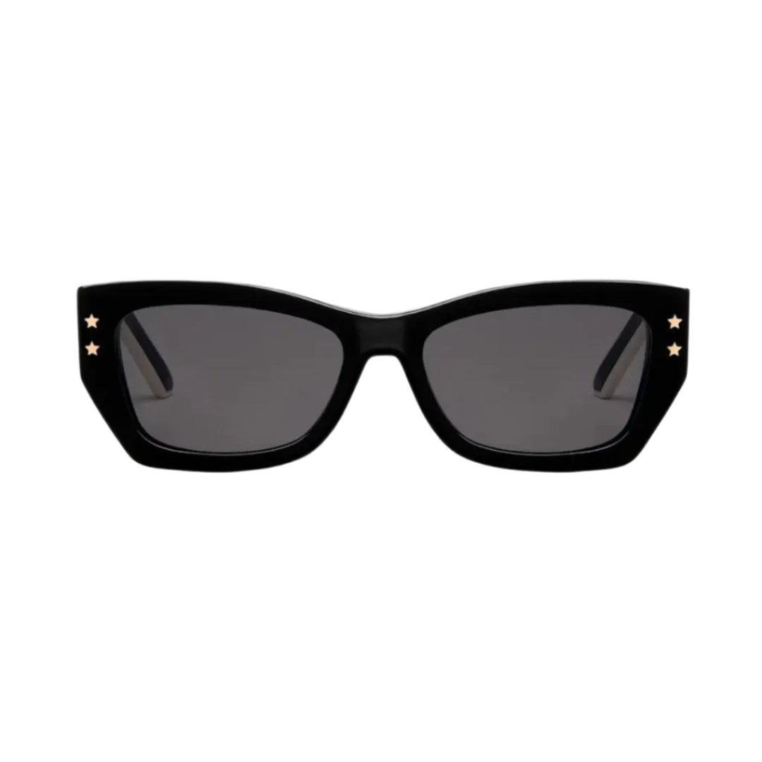 Black cat-eye sunglasses with dark gray lenses and small gold star embellishments on the temples, shown against a plain white background.