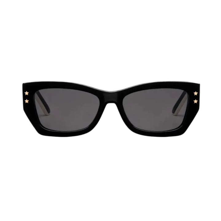 Black cat-eye sunglasses with dark gray lenses and small gold star embellishments on the temples, shown against a plain white background.
