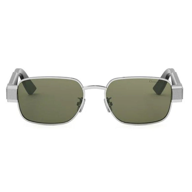Sunglasses with silver frame and green lenses on a white background