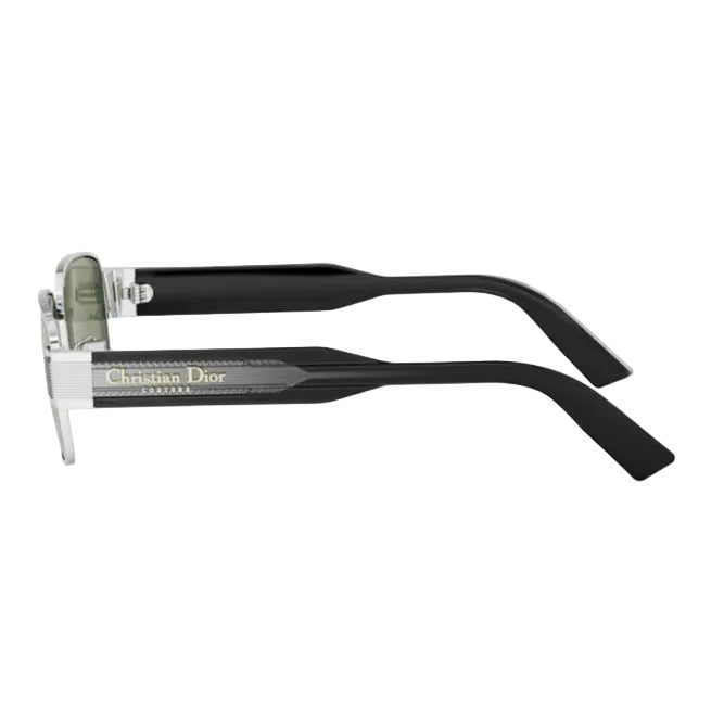 Black eyeglasses with silver accents on a white background, featuring the Christian Dior logo.