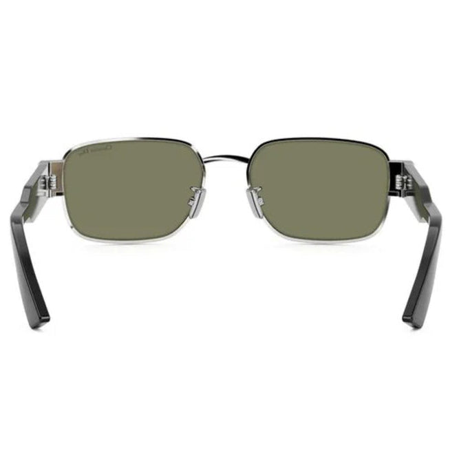 A pair of square metal-framed sunglasses with olive green lenses and black temple arms, shown from the front on a plain white background.