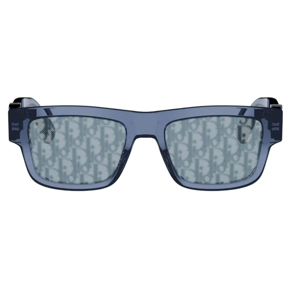 Sunglasses with a brand logo on the frame against a white background