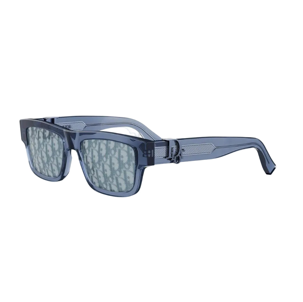 Black sunglasses with a logo on the frame against a white background
