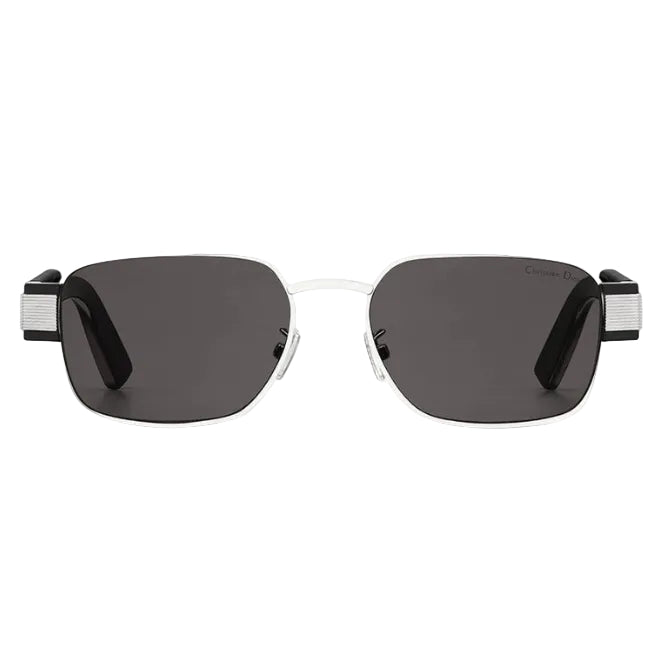 A pair of square-shaped sunglasses with dark gray lenses, a silver metal frame, and black temple tips with silver textured accents, shown against a plain white background.
