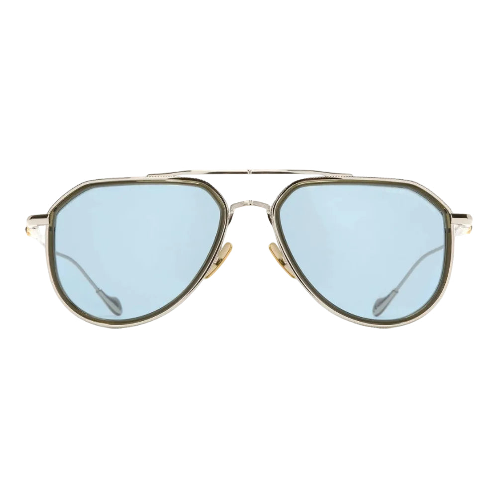 A pair of aviator-style sunglasses with a gold-tone metal frame and light blue lenses, shown against a plain white background.