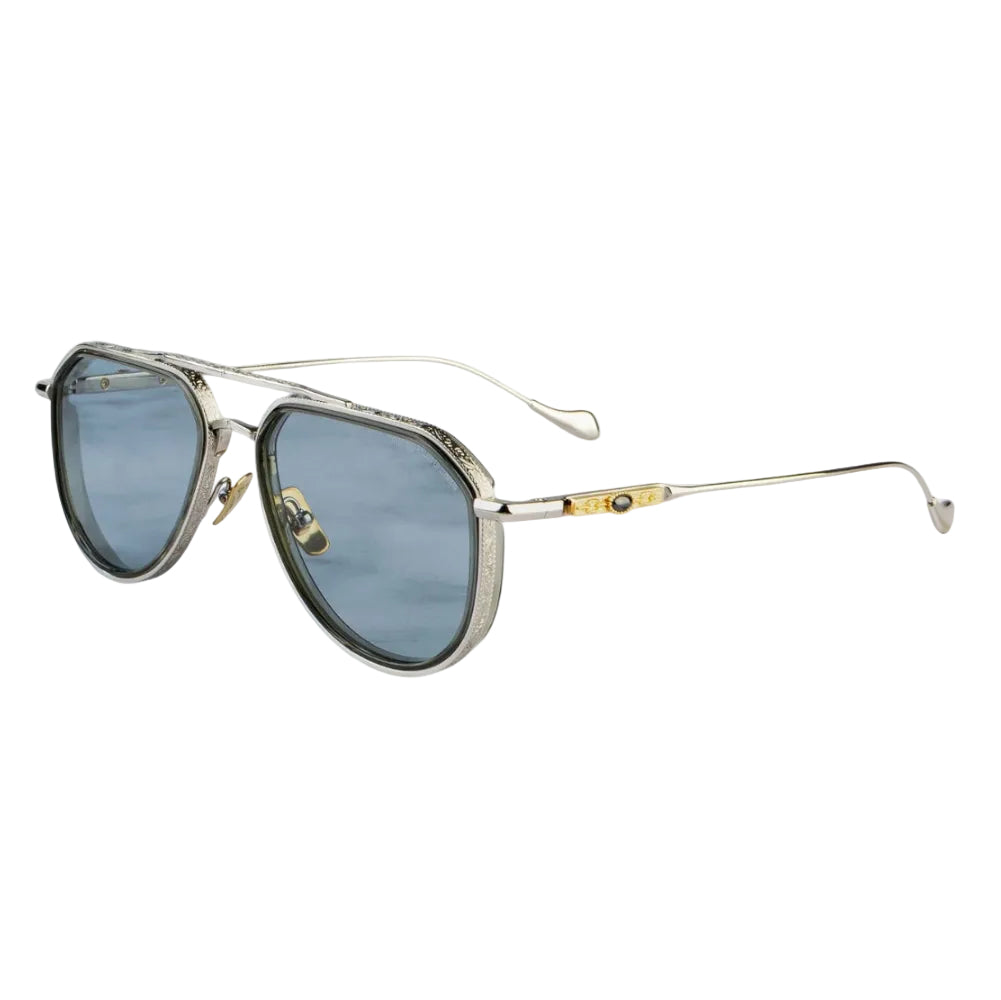 Sunglasses with black frame and reflective lenses on a white background