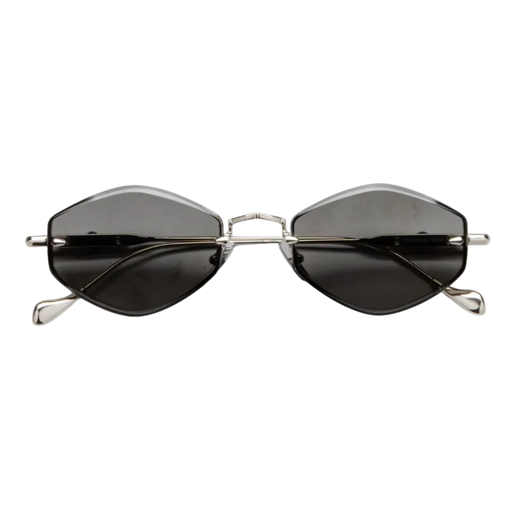 Rimless sunglasses with dark gray lenses and a silver metal frame, shown from the front on a plain white background.