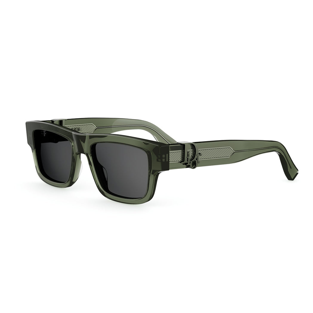 Sunglasses with a green frame and dark lenses on a white background