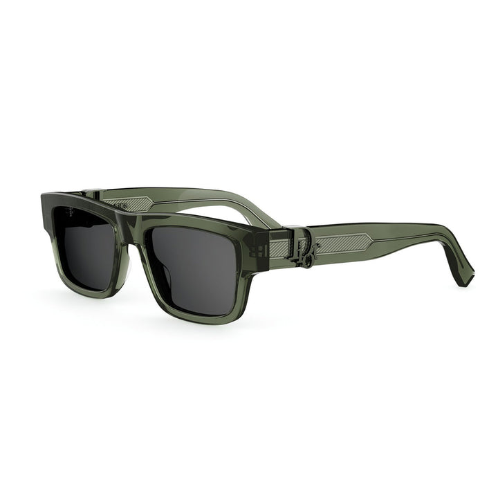 Sunglasses with a green frame and dark lenses on a white background