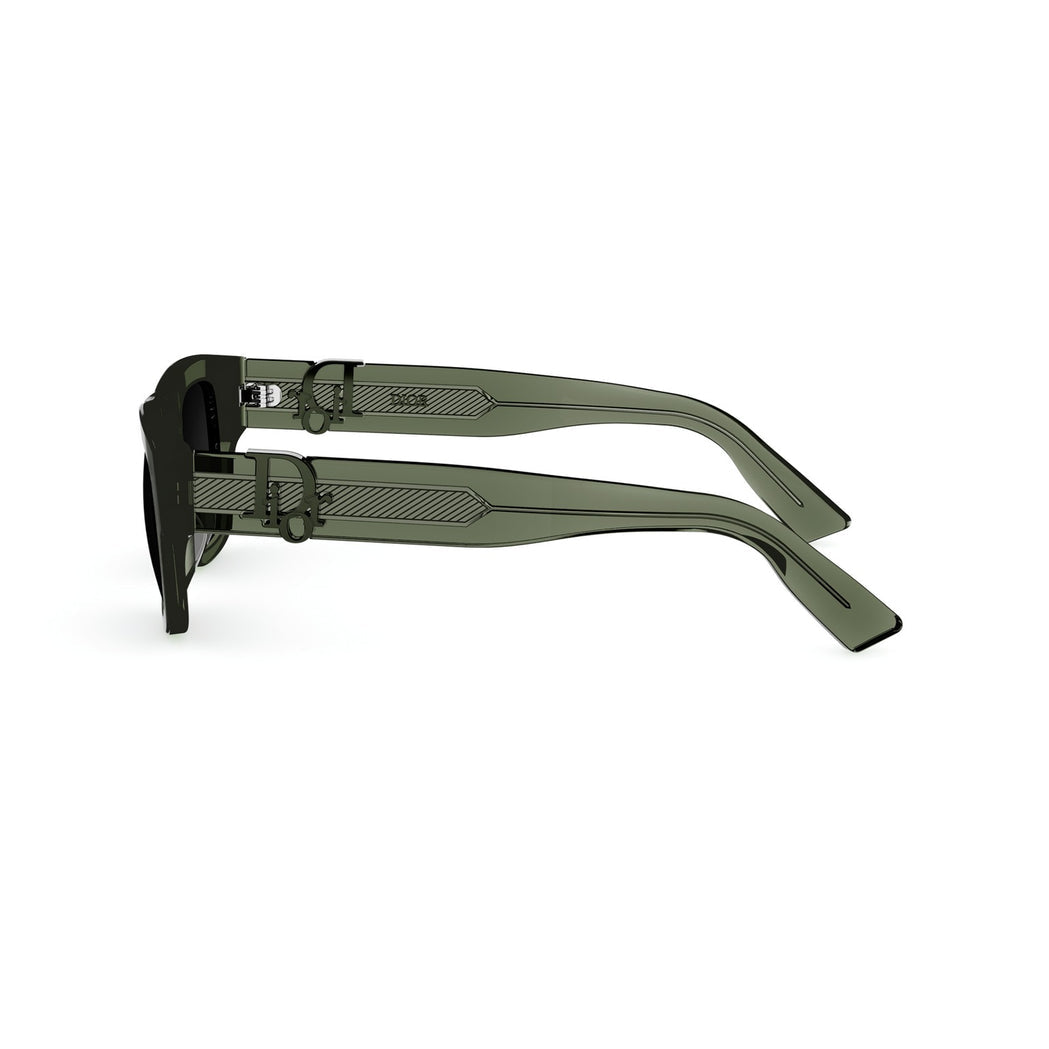 Olive green translucent acetate sunglasses with a black front frame, shown from a side profile view on a white background.