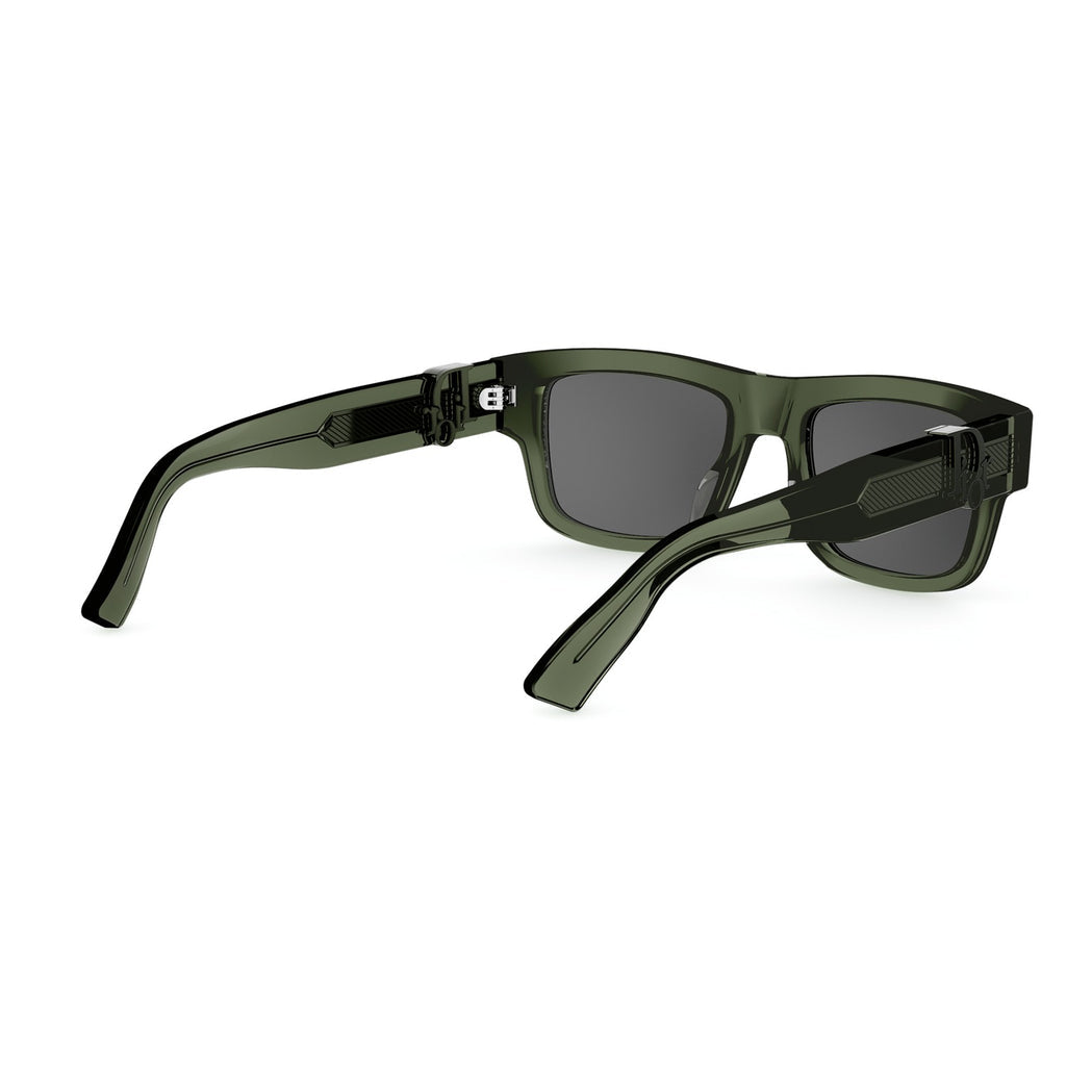 Green sunglasses with dark lenses on a white background