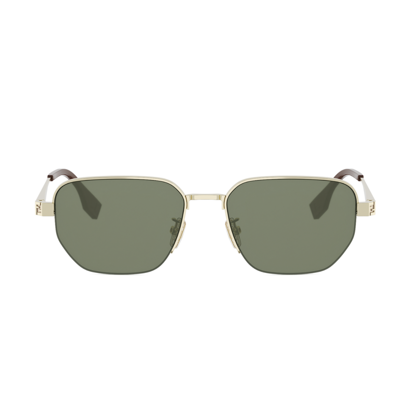 A pair of square-shaped sunglasses with muted green lenses, a thin gold metal frame, and white temples with dark brown tips, shown against a plain white background.