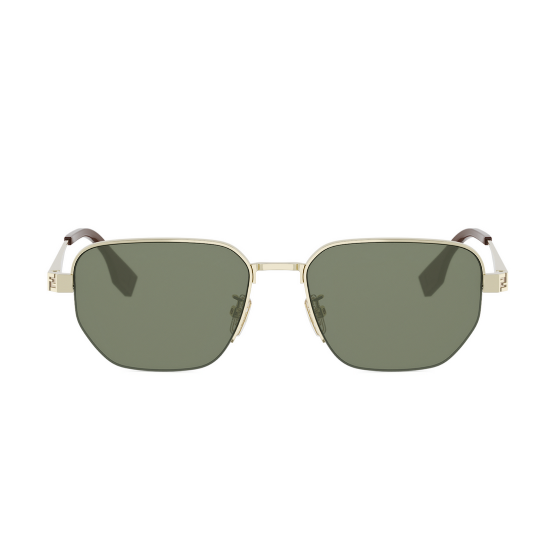 A pair of square-shaped sunglasses with muted green lenses, a thin gold metal frame, and white temples with dark brown tips, shown against a plain white background.