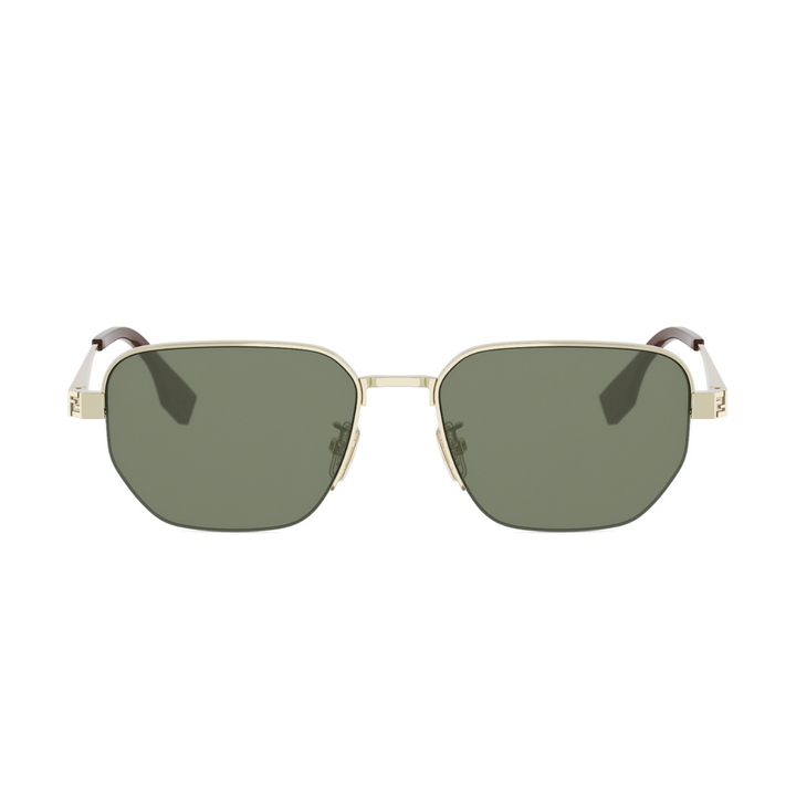 A pair of square-shaped sunglasses with muted green lenses, a thin gold metal frame, and white temples with dark brown tips, shown against a plain white background.
