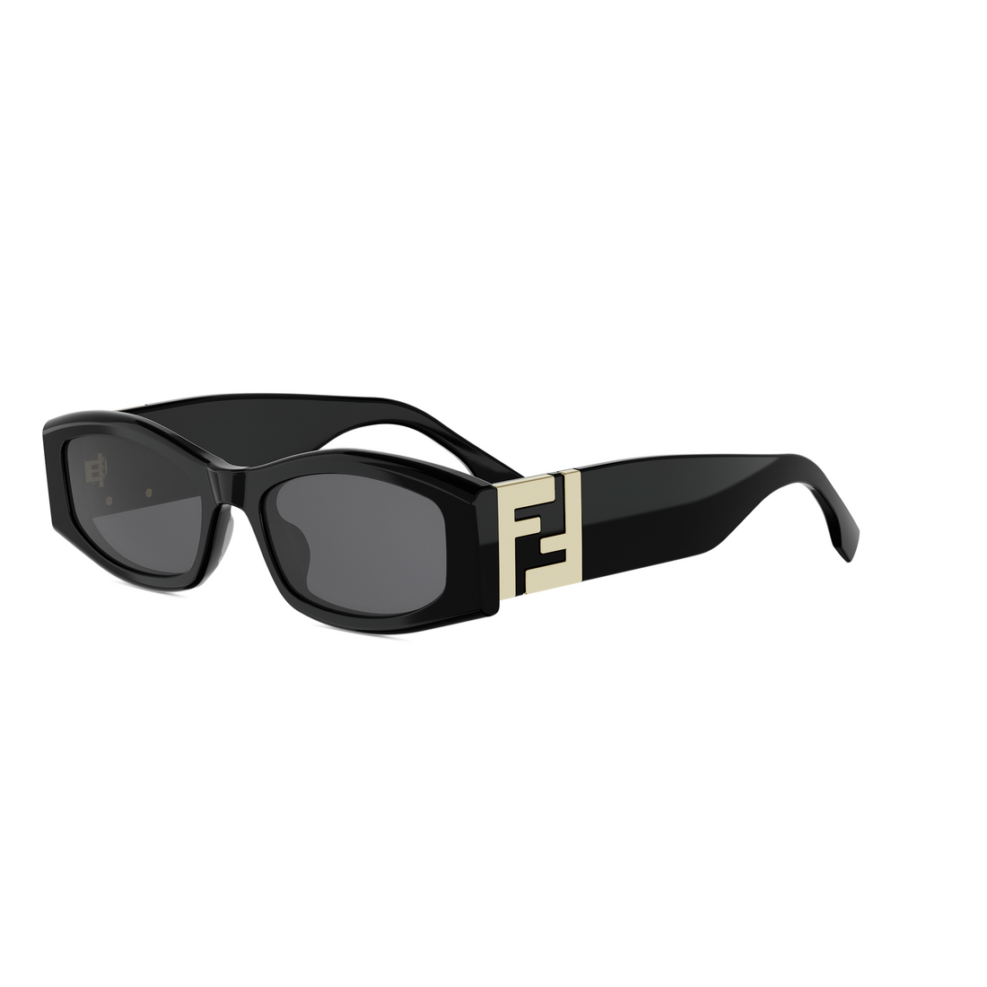 Fendi sunglasses with a glossy black frame, dark lenses, and a prominent gold-toned FF logo on the temple arm, set against a plain white background.