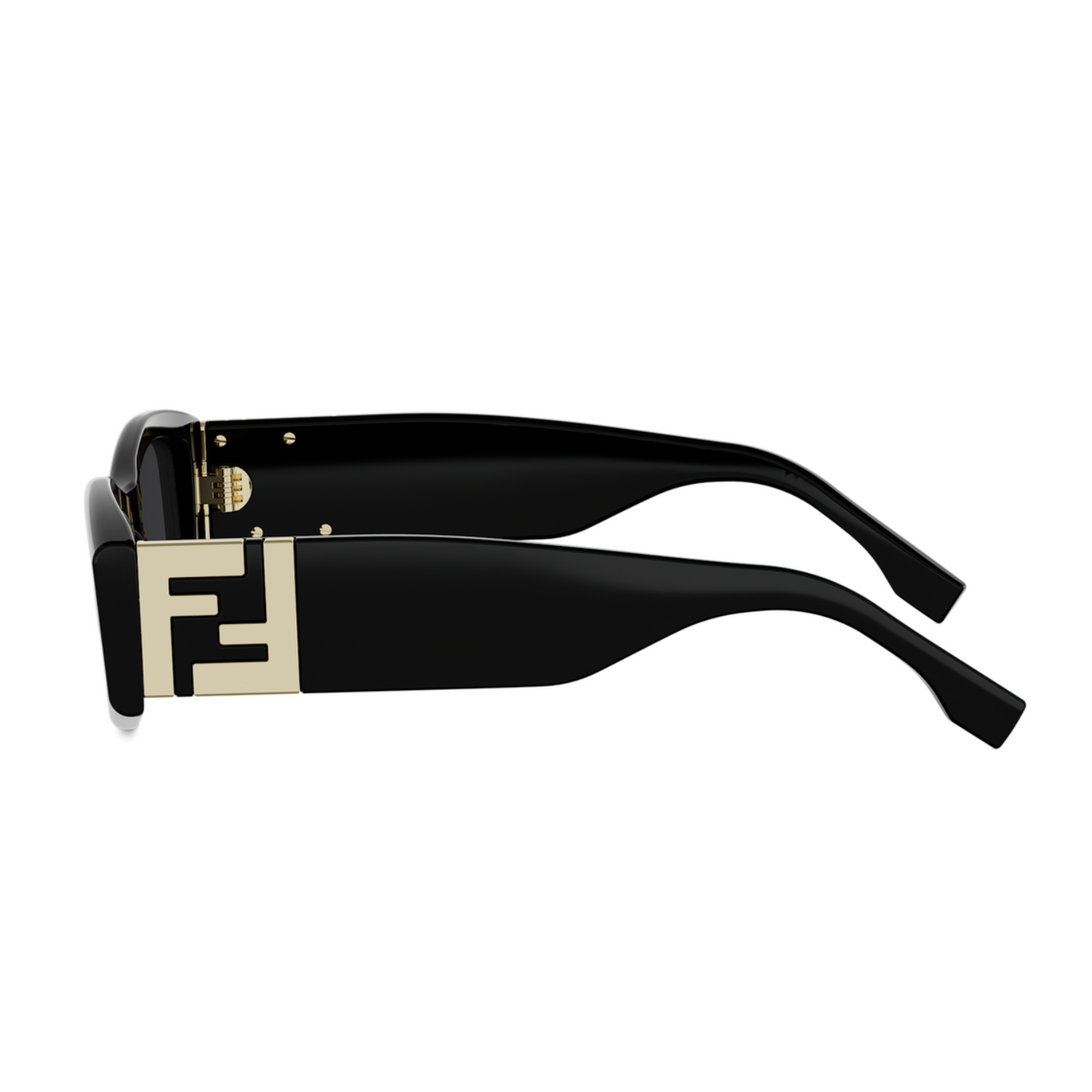Black sunglasses with a prominent gold-tone Fendi FF logo on the temple arm, shown from a side profile view against a plain white background.
