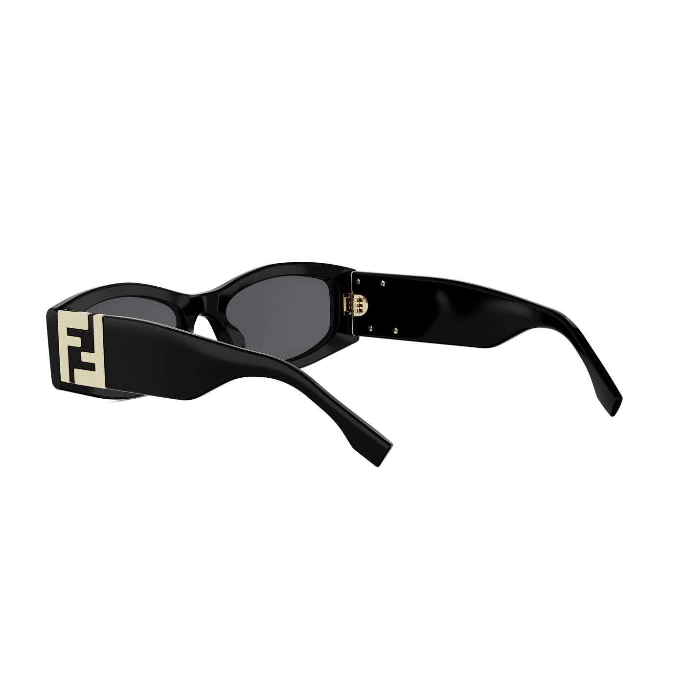 Fendi sunglasses with a glossy black acetate frame, dark lenses, and the signature FF logo in gold on the front temple arm.