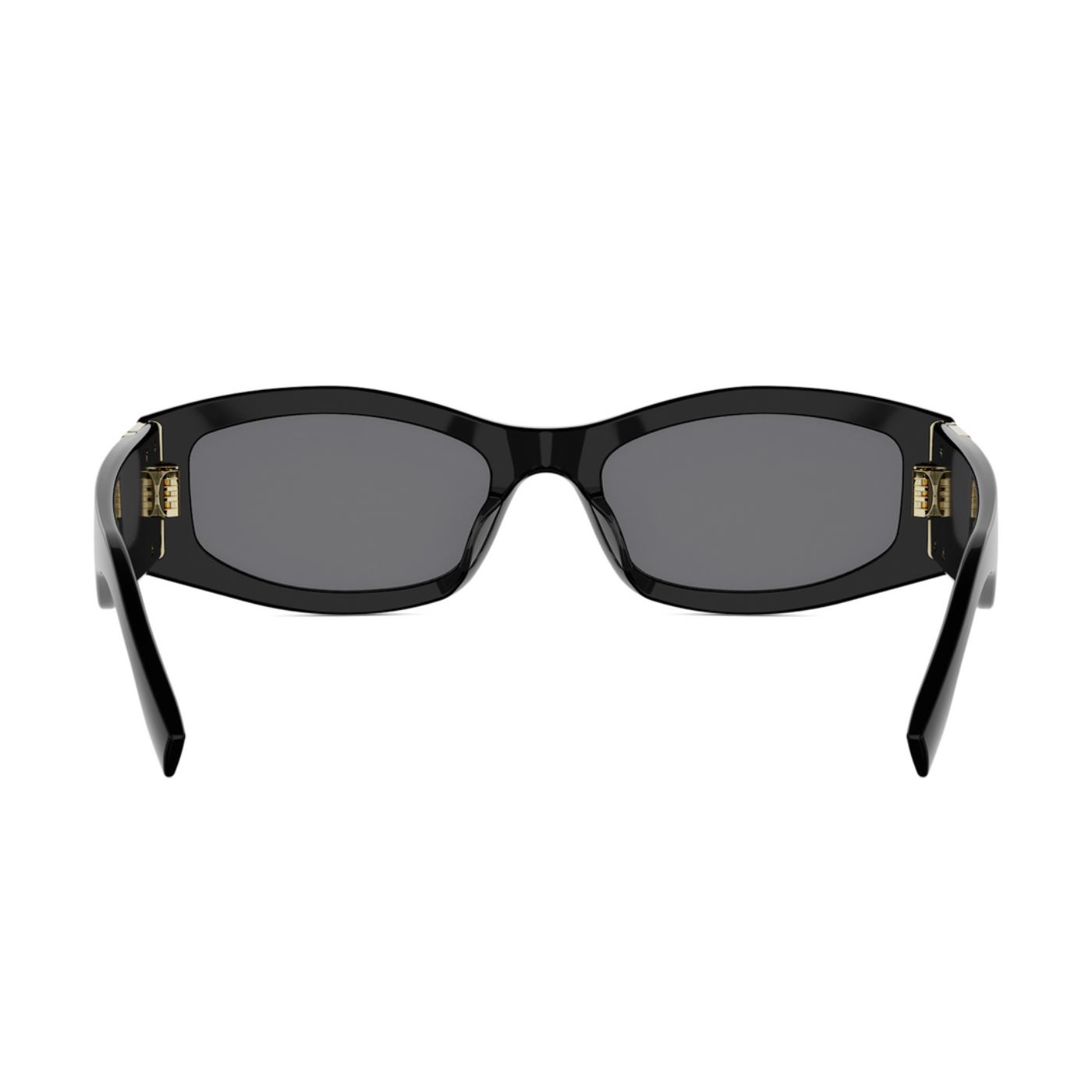 Black sunglasses with dark gray lenses and small gold metal accents on the temples, shown against a plain white background.