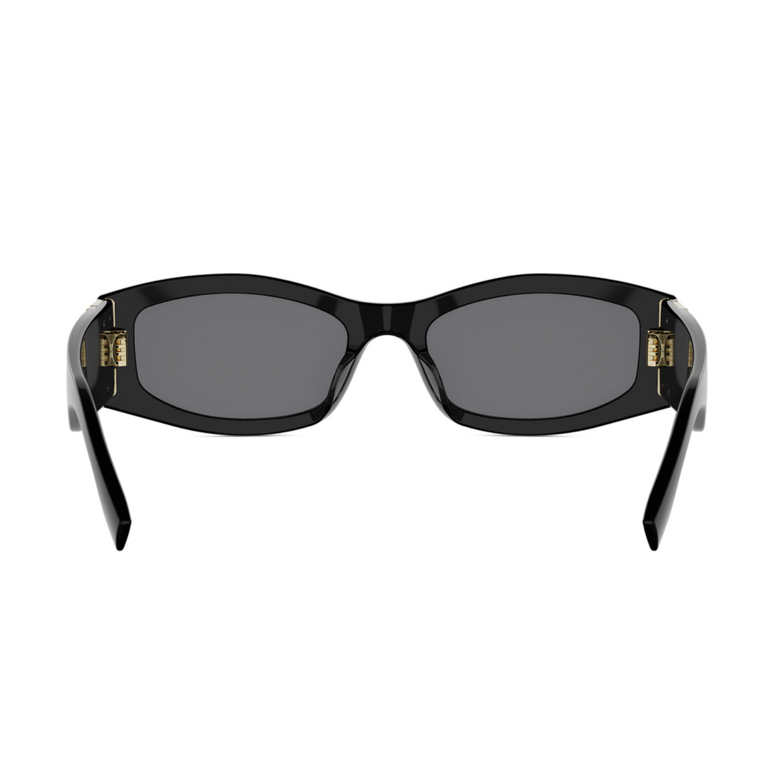 Black sunglasses with dark gray lenses and small gold metal accents on the temples, shown against a plain white background.