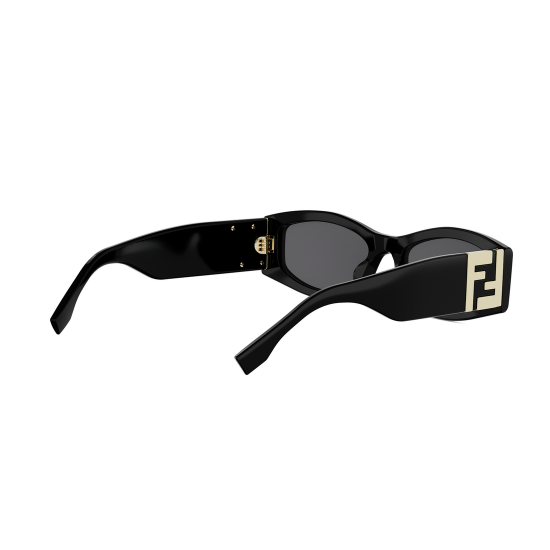 Fendi sunglasses with a black acetate frame, dark lenses, and a prominent gold FF logo on the temple, shown against a plain white background.