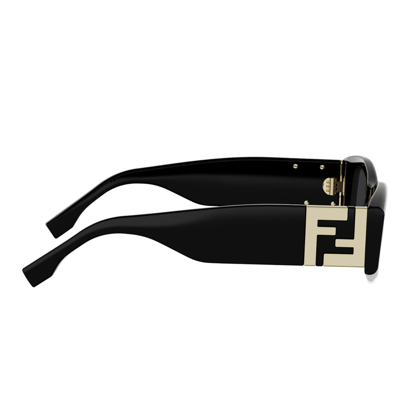 Black acetate sunglasses with a prominent gold-tone FF logo on the temple arm, shown in profile against a white background.