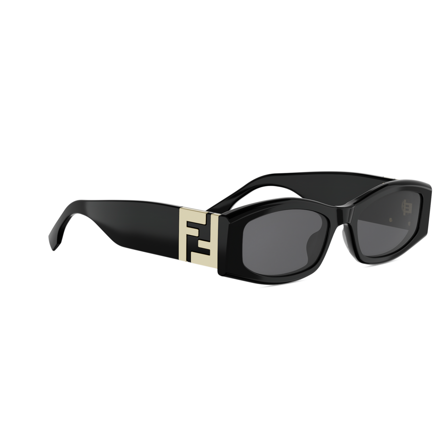 Fendi sunglasses with a glossy black acetate frame, dark gray lenses, and a signature gold-toned FF logo on the temple arm.