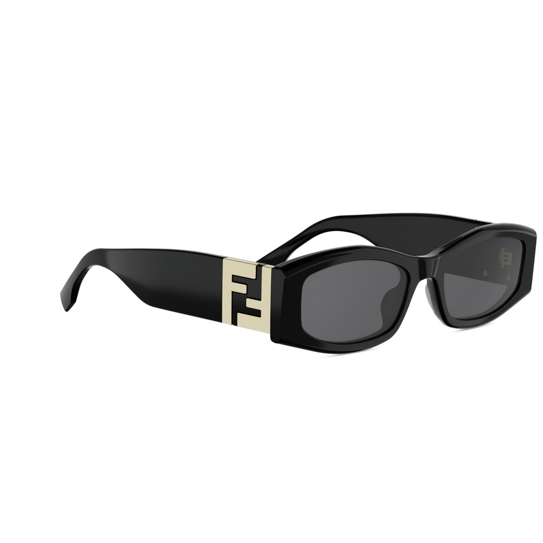 Fendi sunglasses with a glossy black acetate frame, dark gray lenses, and a signature gold-toned FF logo on the temple arm.