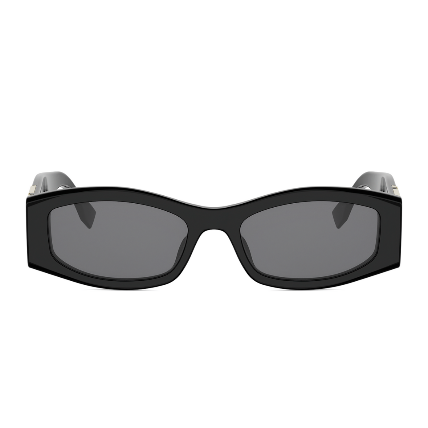 Black cat-eye sunglasses with dark gray lenses and silver metal temples, shown against a plain white background.