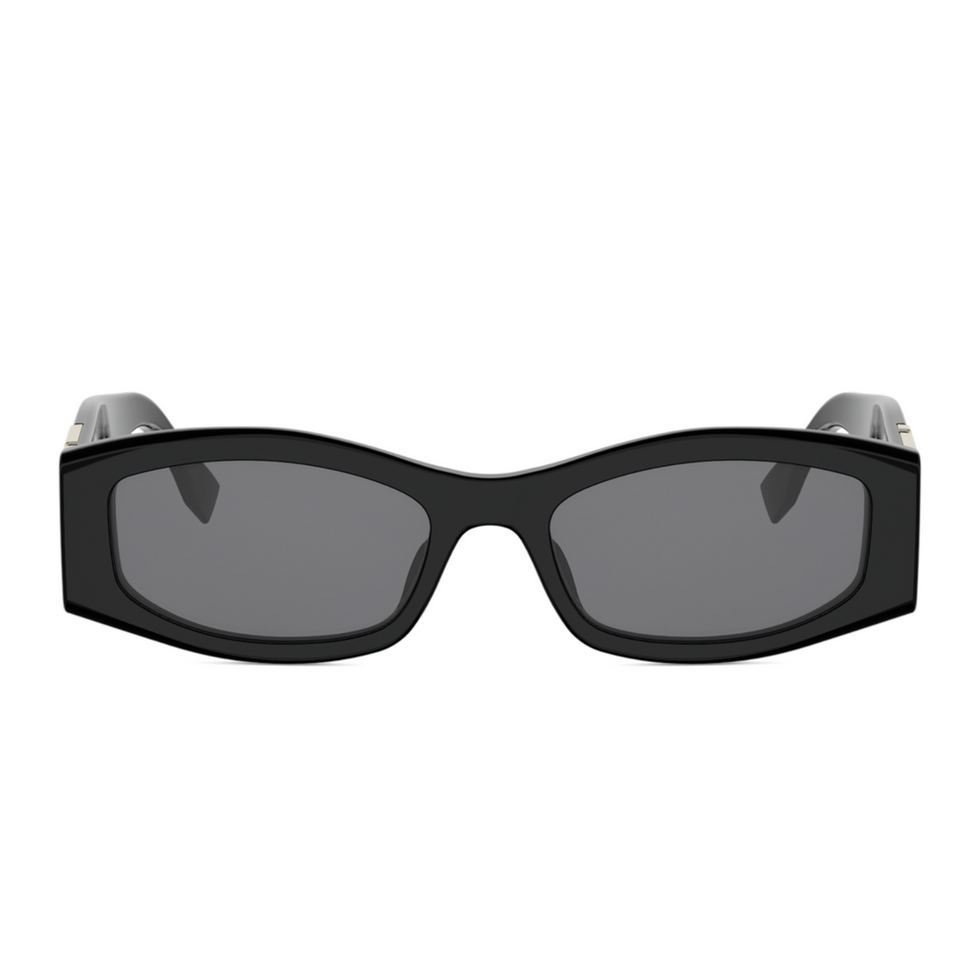 Black cat-eye sunglasses with dark gray lenses and silver metal temples, shown against a plain white background.