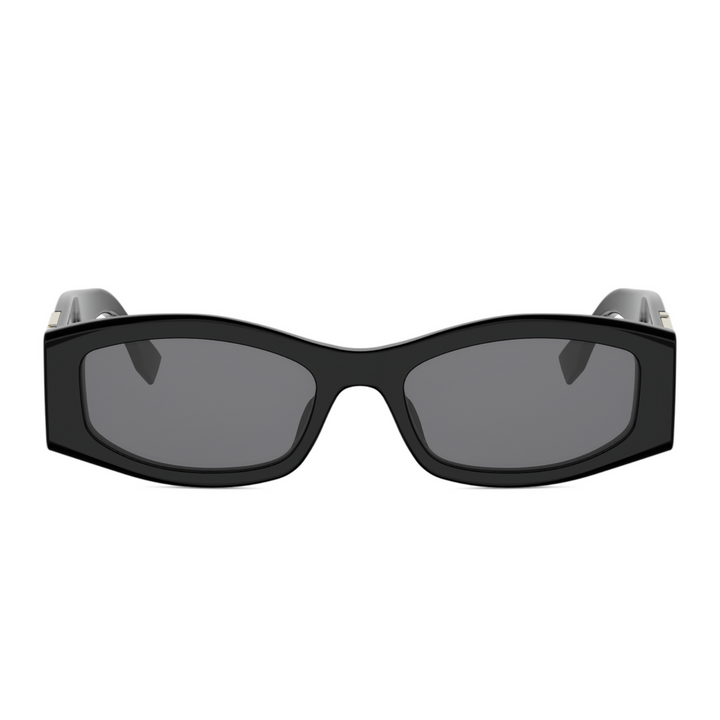 Black cat-eye sunglasses with dark gray lenses and silver metal temples, shown against a plain white background.