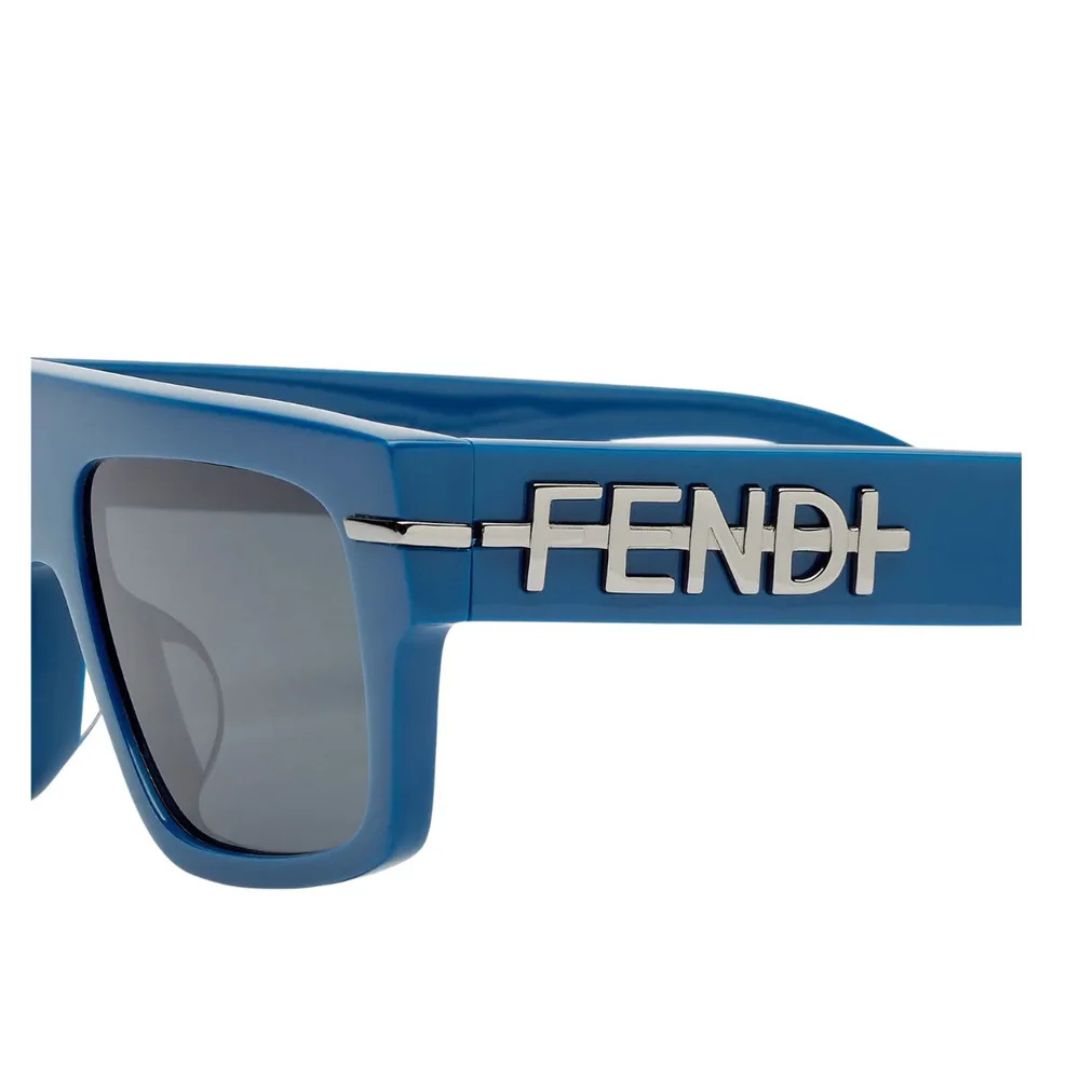 Fendi FE40091U 90V Rectangular Sunglasses Glossy Blue Frame Blue Lenses