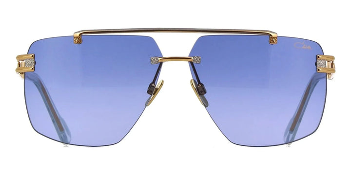 Cazal 9107 003 rimless aviator sunglasses in silver and gold plated metal with blue gradient mirror lenses