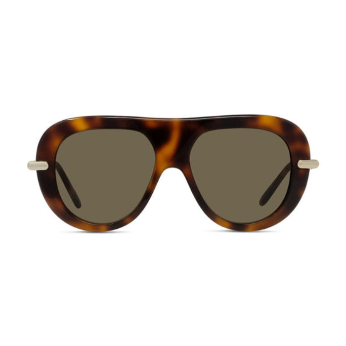 Tortoiseshell sunglasses with dark lenses on a white background