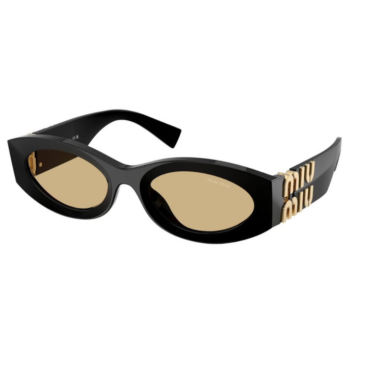 Miu Miu MU11WS 16K10R Women Oval Sunglasses Black Acetate Frame Yellow Lenses