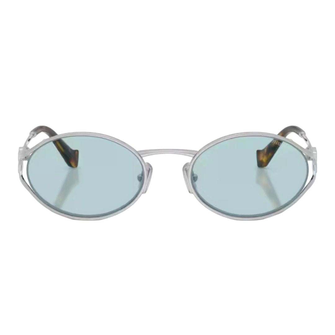 Miu Miu MU52YS 1BC2OR Women Oval Sunglasses Silver Metal Frame Light Blue Lens