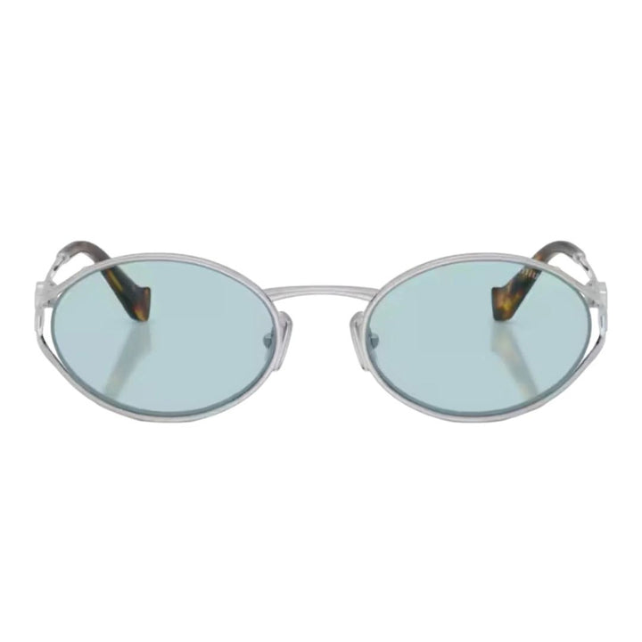 Miu Miu MU52YS 1BC2OR Women Oval Sunglasses Silver Metal Frame Light Blue Lens