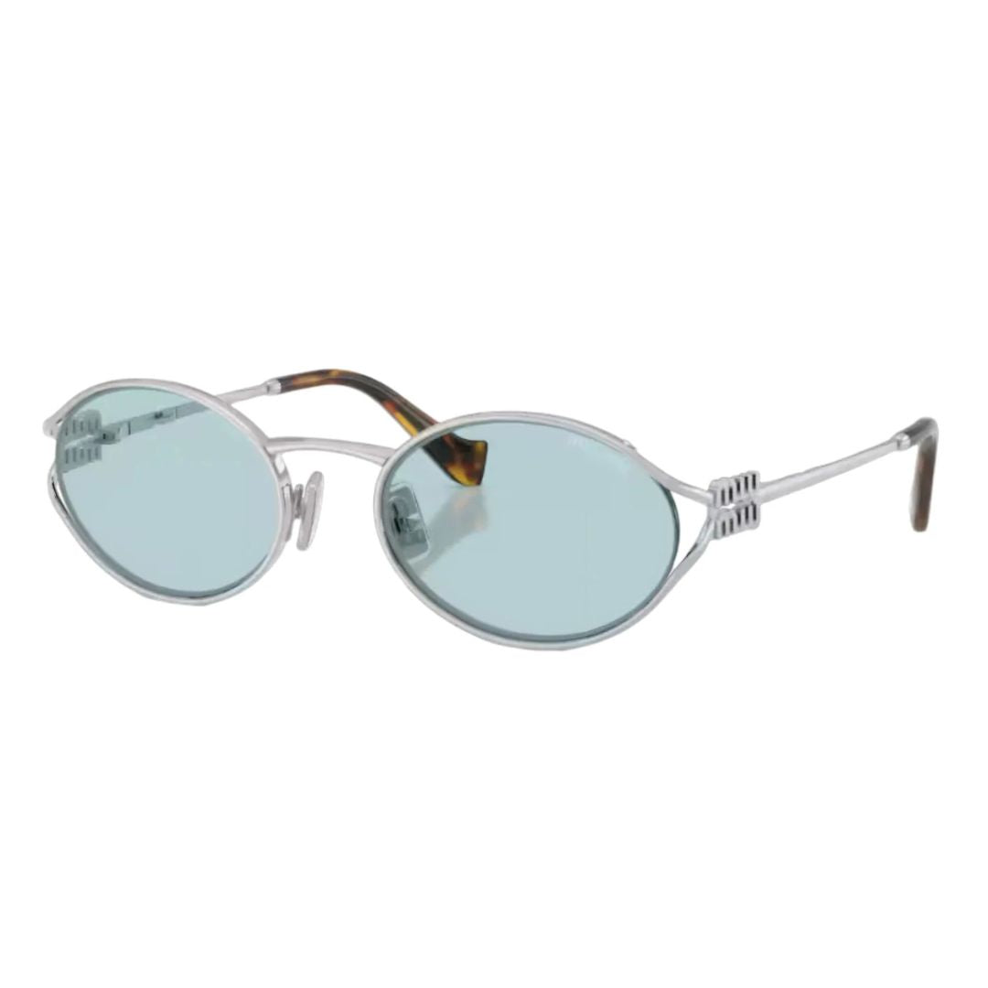 Miu Miu MU52YS 1BC2OR Women Oval Sunglasses Silver Metal Frame Light Blue Lens