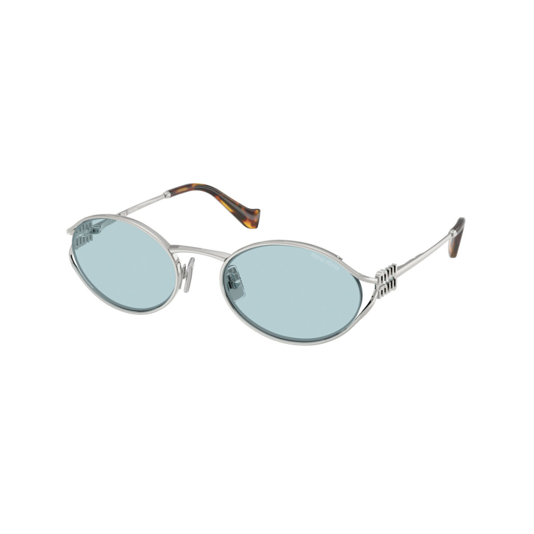 Miu Miu MU52YS 1BC2OR Women Oval Sunglasses Silver Metal Frame Light Blue Lens