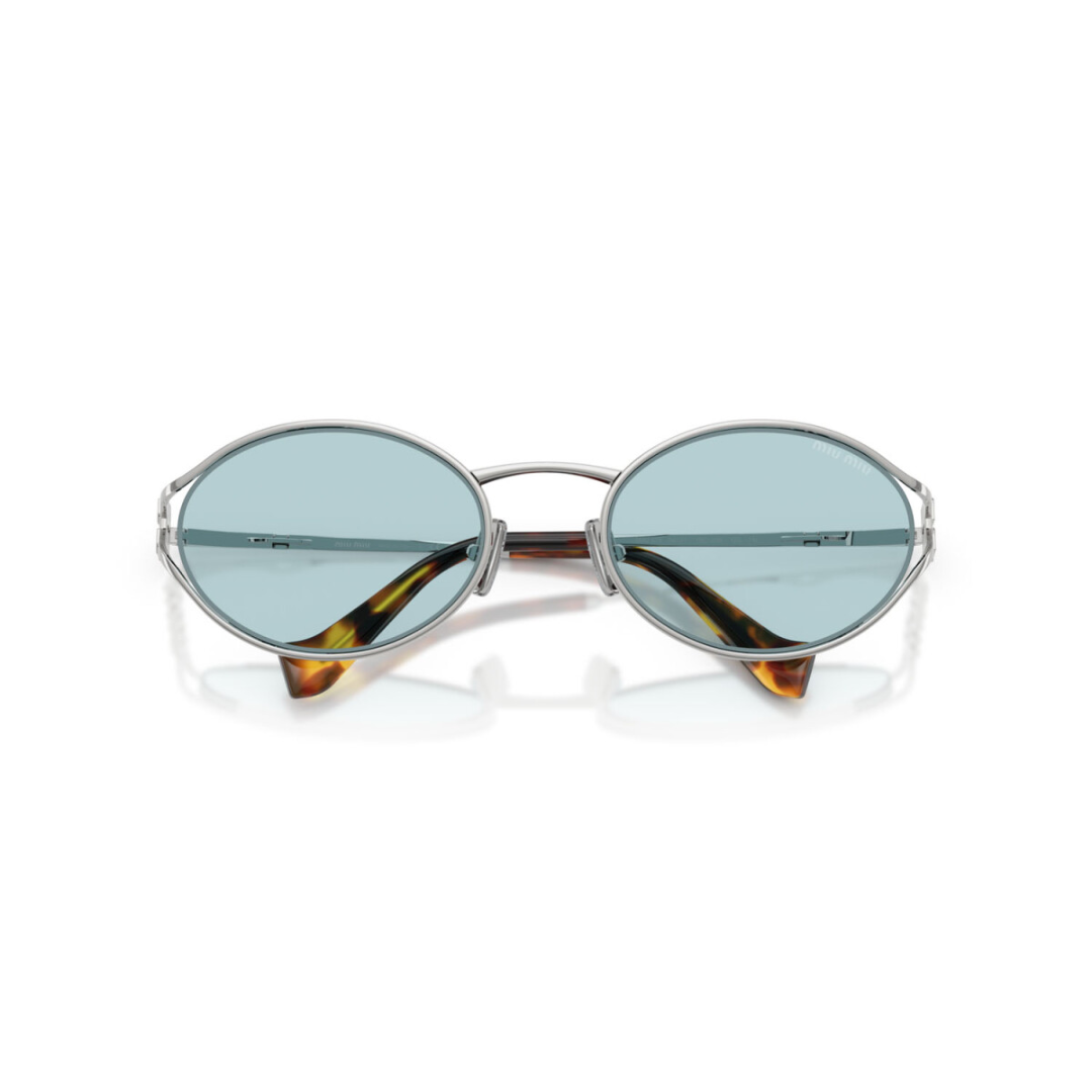 Miu Miu MU52YS 1BC2OR Women Oval Sunglasses Silver Metal Frame Light Blue Lens